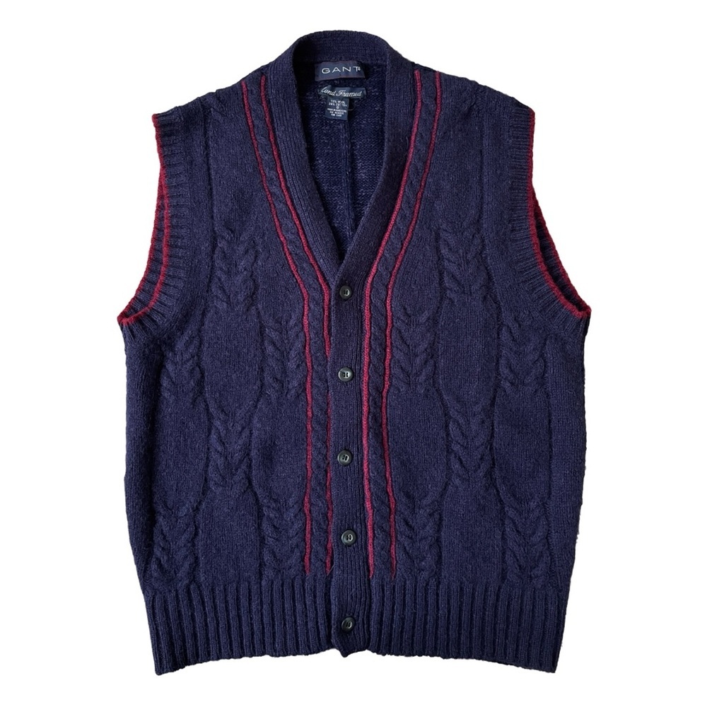 Gant Men’s Cable Knit Sweater Vest Blue Wool Cotton Size Small Hand Framed